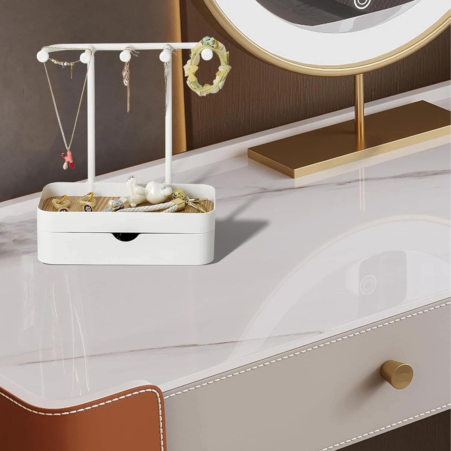 Jewelry Organizer Stand, Necklaces Holder with Wooden Tray, Necklace Display Stand Jewelry Storage Hooks for Necklace, Bracelets, Earrings, Ring, Keys, Watches (White-Double)