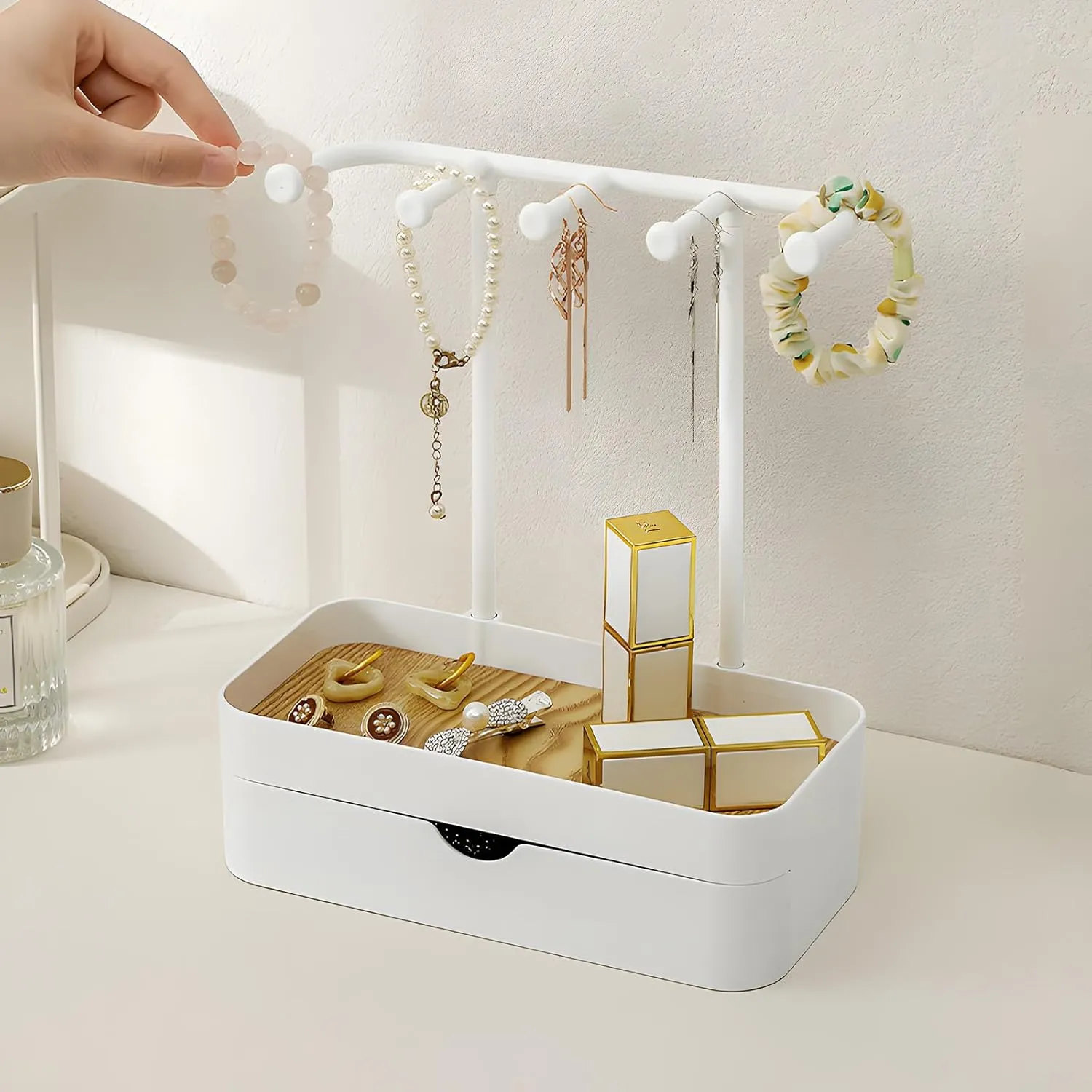 Jewelry Organizer Stand, Necklaces Holder with Wooden Tray, Necklace Display Stand Jewelry Storage Hooks for Necklace, Bracelets, Earrings, Ring, Keys, Watches (White-Double)