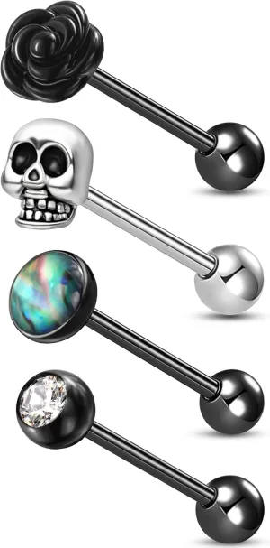 Jewseen 4Pcs Halloween Skull Tongue Rings - Black Rose Piercing Jewelry 14G Studs CZ Straight Barbell for Women Men