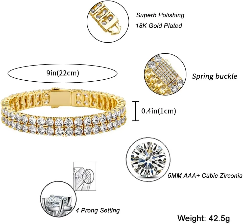 JINAO 2 Row Tennis Bracelet Iced Out Bling Cubic Zirconia Lab Simulated Diamond Bracelet14K Gold Plated Wrist Chain Hip Hop Jewelry for Men Women