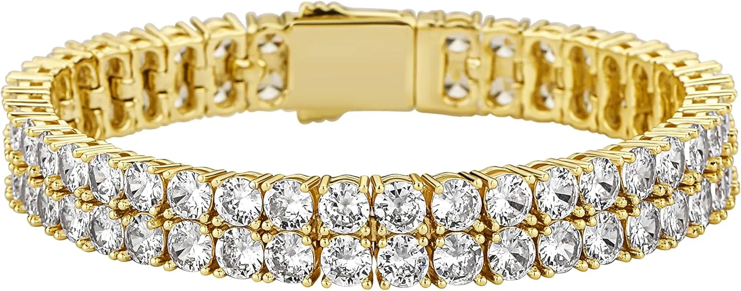 JINAO 2 Row Tennis Bracelet Iced Out Bling Cubic Zirconia Lab Simulated Diamond Bracelet14K Gold Plated Wrist Chain Hip Hop Jewelry for Men Women