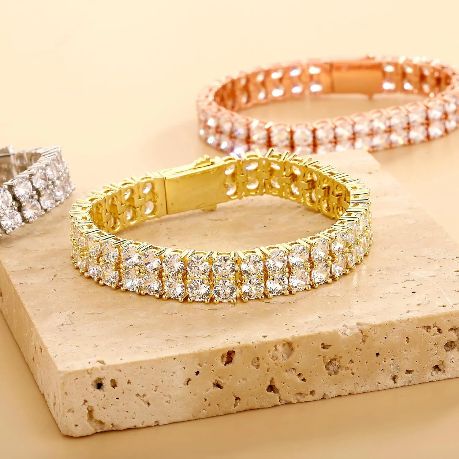 JINAO 2 Row Tennis Bracelet Iced Out Bling Cubic Zirconia Lab Simulated Diamond Bracelet14K Gold Plated Wrist Chain Hip Hop Jewelry for Men Women