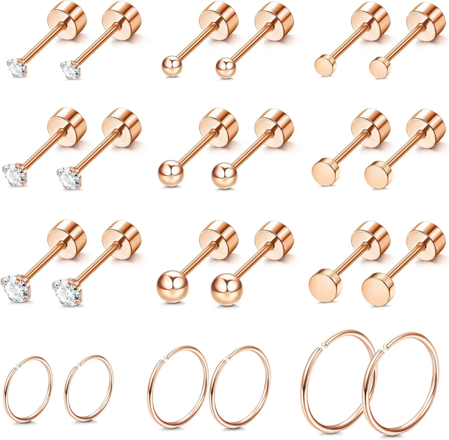 JOERICA Small Tiny Stud Hoop Earring 14K Gold Stud Earrings Stainless Steel Earring for Women Multiple Piercing Cartilage Stud Earrings Flat Back Earrings Set