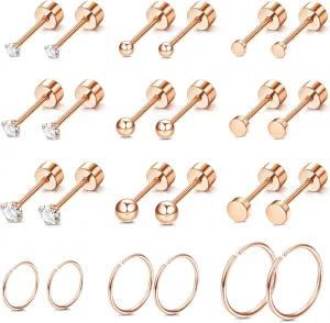 JOERICA Small Tiny Stud Hoop Earring 14K Gold Stud Earrings Stainless Steel Earring for Women Multiple Piercing Cartilage Stud Earrings Flat Back Earrings Set