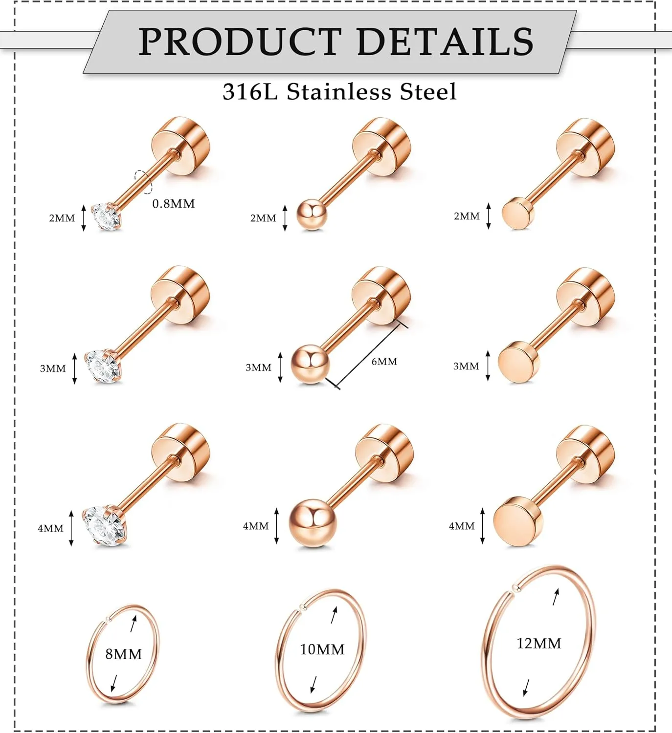 JOERICA Small Tiny Stud Hoop Earring 14K Gold Stud Earrings Stainless Steel Earring for Women Multiple Piercing Cartilage Stud Earrings Flat Back Earrings Set