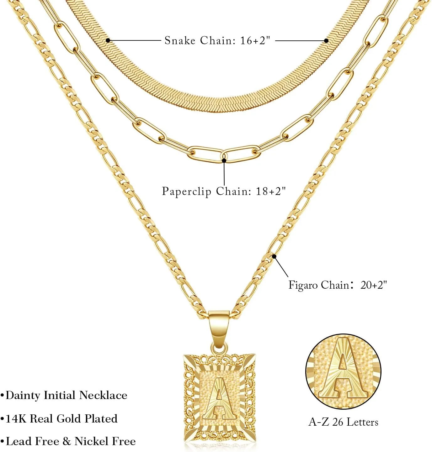 KissYan Gold Layered Necklace Set for Womens, 14K Gold Plated Initial Letter Pendant Necklaces Paperclip Snake Choker Alphabets from A-Z Figaro Chain Jewelry Gift