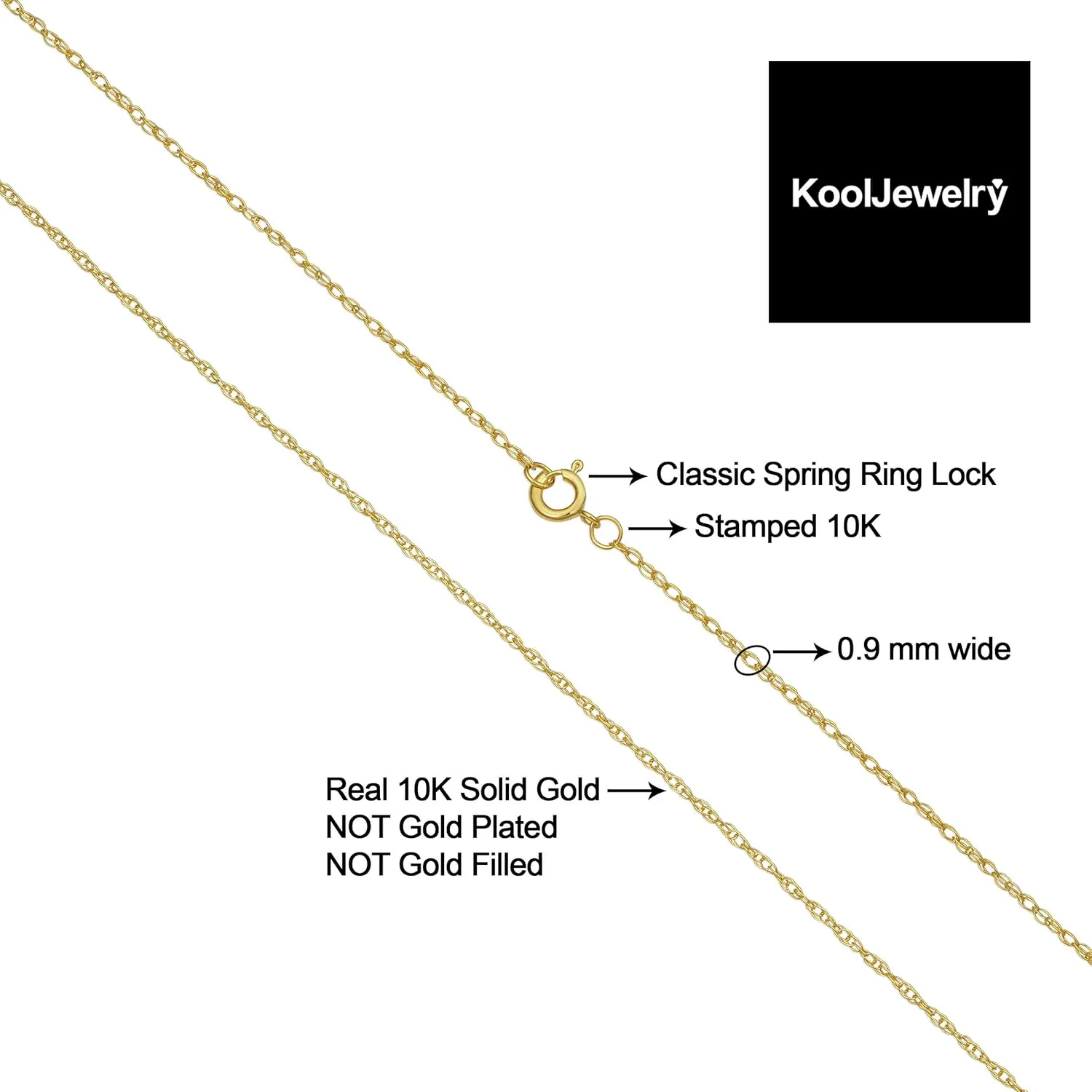 Kooljewelry 10k Yellow Gold Rope Chain Barely-There Necklace (0.7 mm, 0.9 mm, 1 mm or 1.3 mm) - Thin And Lightweight