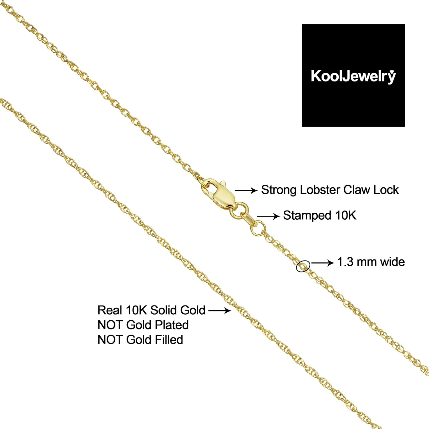 Kooljewelry 10k Yellow Gold Rope Chain Barely-There Necklace (0.7 mm, 0.9 mm, 1 mm or 1.3 mm) - Thin And Lightweight