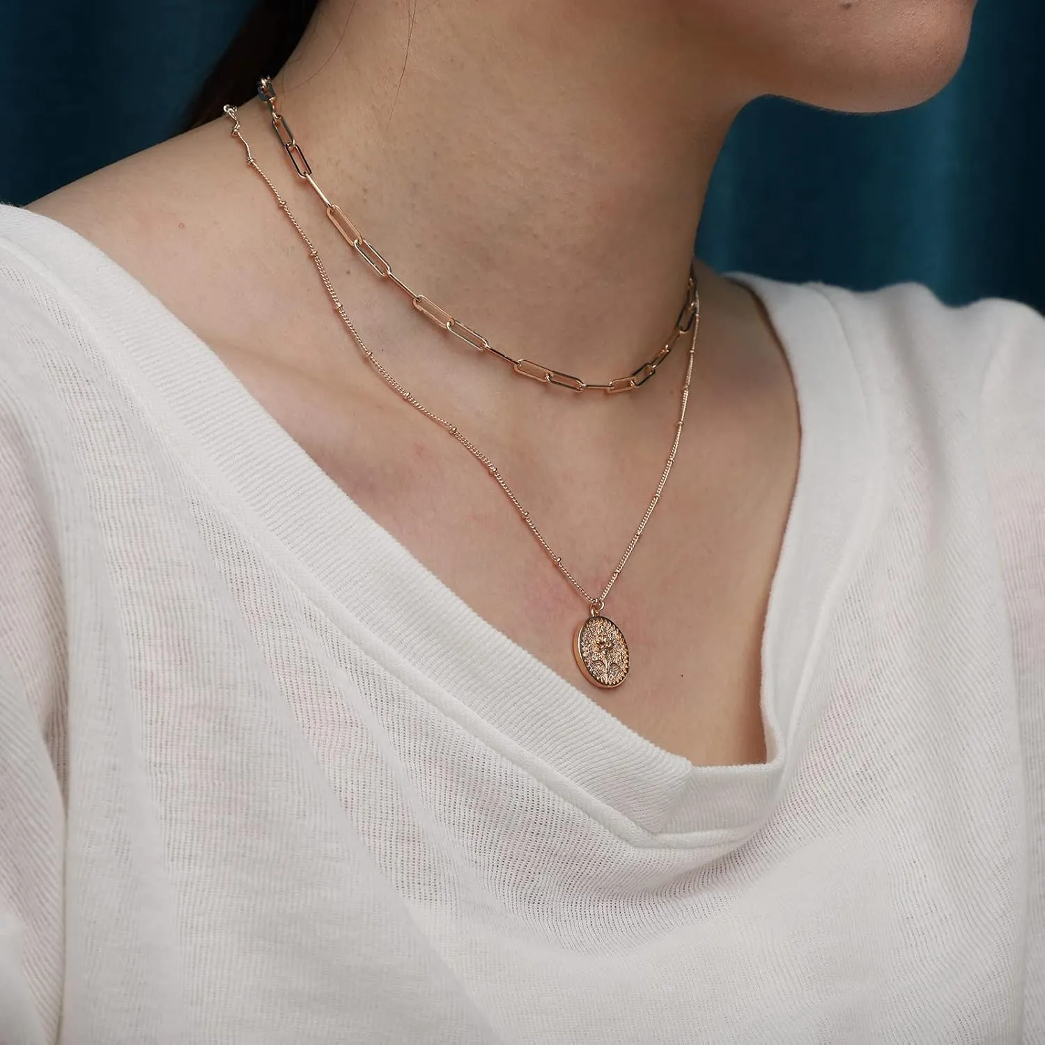 Layered Birth Flower Necklace for Women 18K Gold Plated Double Layered Engraved Custom Floral Pendant Dainty Birth Month Flower Disc Coin Necklaces Personalized Jewelry