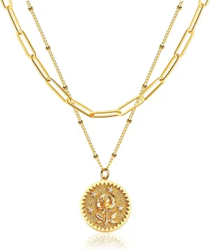 Layered Birth Flower Necklace for Women 18K Gold Plated Double Layered Engraved Custom Floral Pendant Dainty Birth Month Flower Disc Coin Necklaces Personalized Jewelry