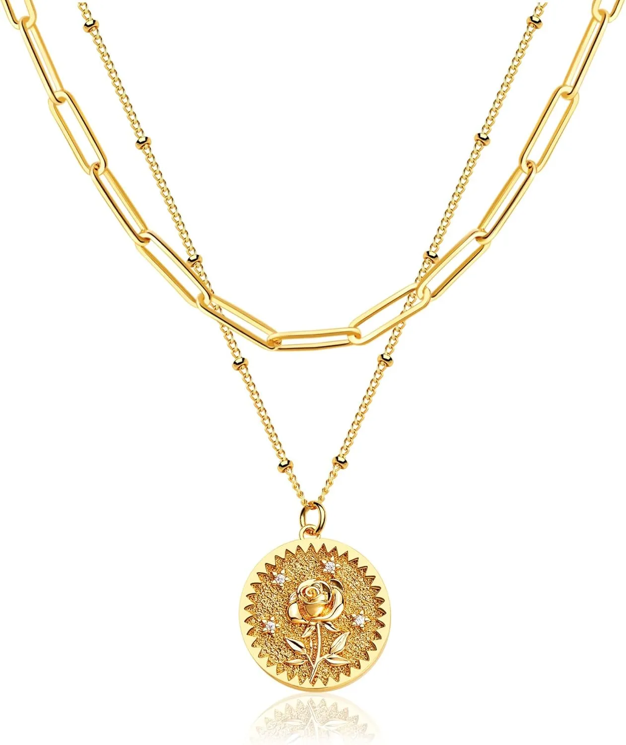 Layered Birth Flower Necklace for Women 18K Gold Plated Double Layered Engraved Custom Floral Pendant Dainty Birth Month Flower Disc Coin Necklaces Personalized Jewelry
