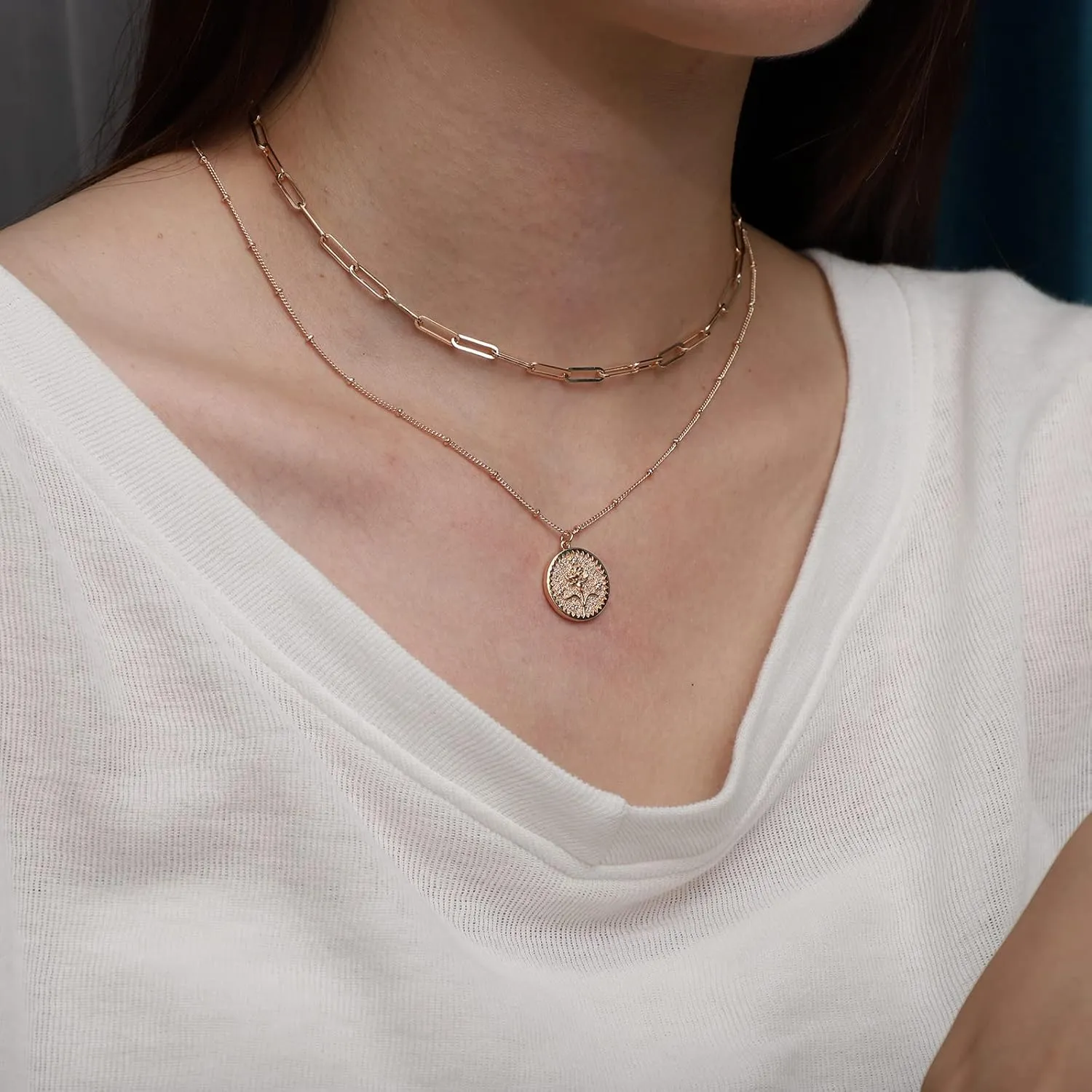 Layered Birth Flower Necklace for Women 18K Gold Plated Double Layered Engraved Custom Floral Pendant Dainty Birth Month Flower Disc Coin Necklaces Personalized Jewelry