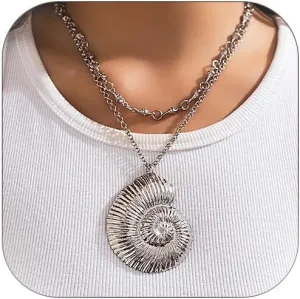 Layered Shell Necklace for Women Gold Conch Shell Pendant Silver Necklace Boho Summer Beach Charm Necklace Surfer Necklace (Silver)
