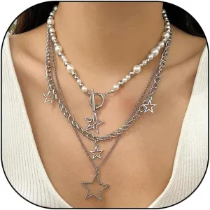 Layered Silver Y2K Necklace Hip Hop Stackable Pearl Beaded Choker Necklace Adjustable Star OT Toggle Clasp Pendant Necklace Jewelry Presents for Women
