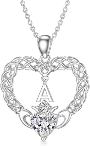 Letter A Initial Necklace for Women Sterling Silver Natural White Crystal Love Heart Tiny Letter Pendant Jewelry Gift for Mom Wife Girlfriend Sister