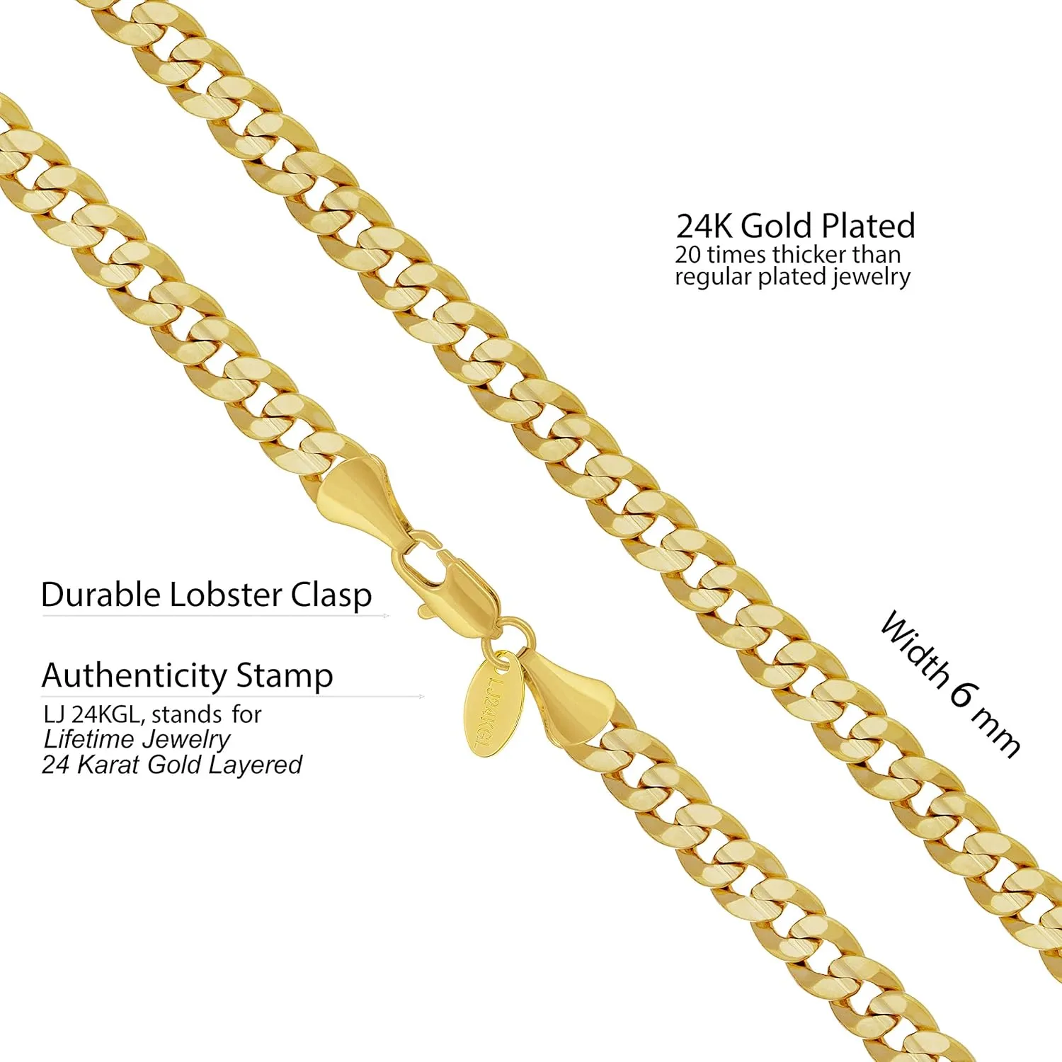 LIFETIME JEWELRY Cuban Link Chain Necklace 24k Gold Plated for Men and Women (6mm & 9.5mm)