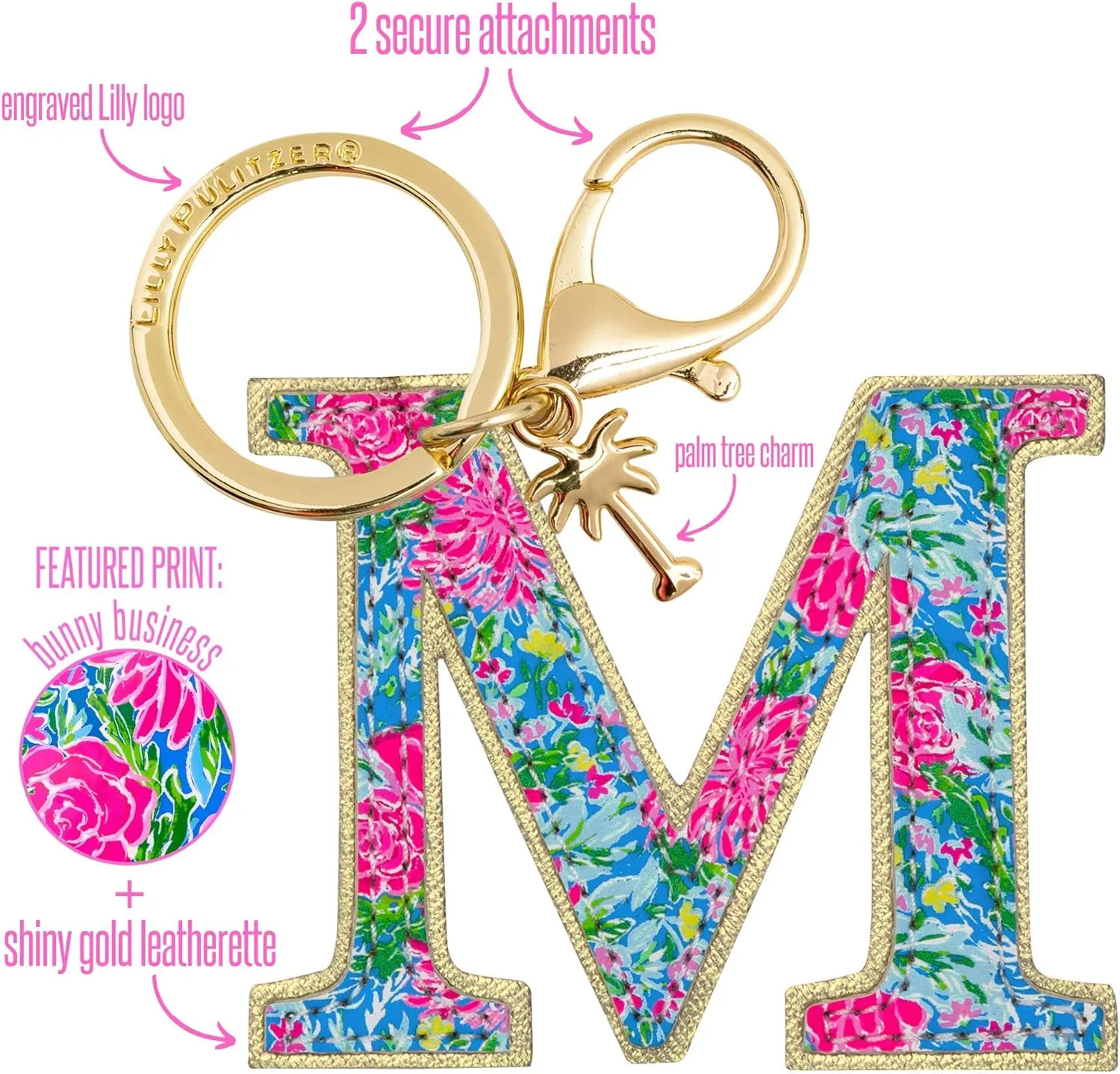 Lilly Pulitzer Leatherette Initial Keychain, Letter Bag Charm for Women