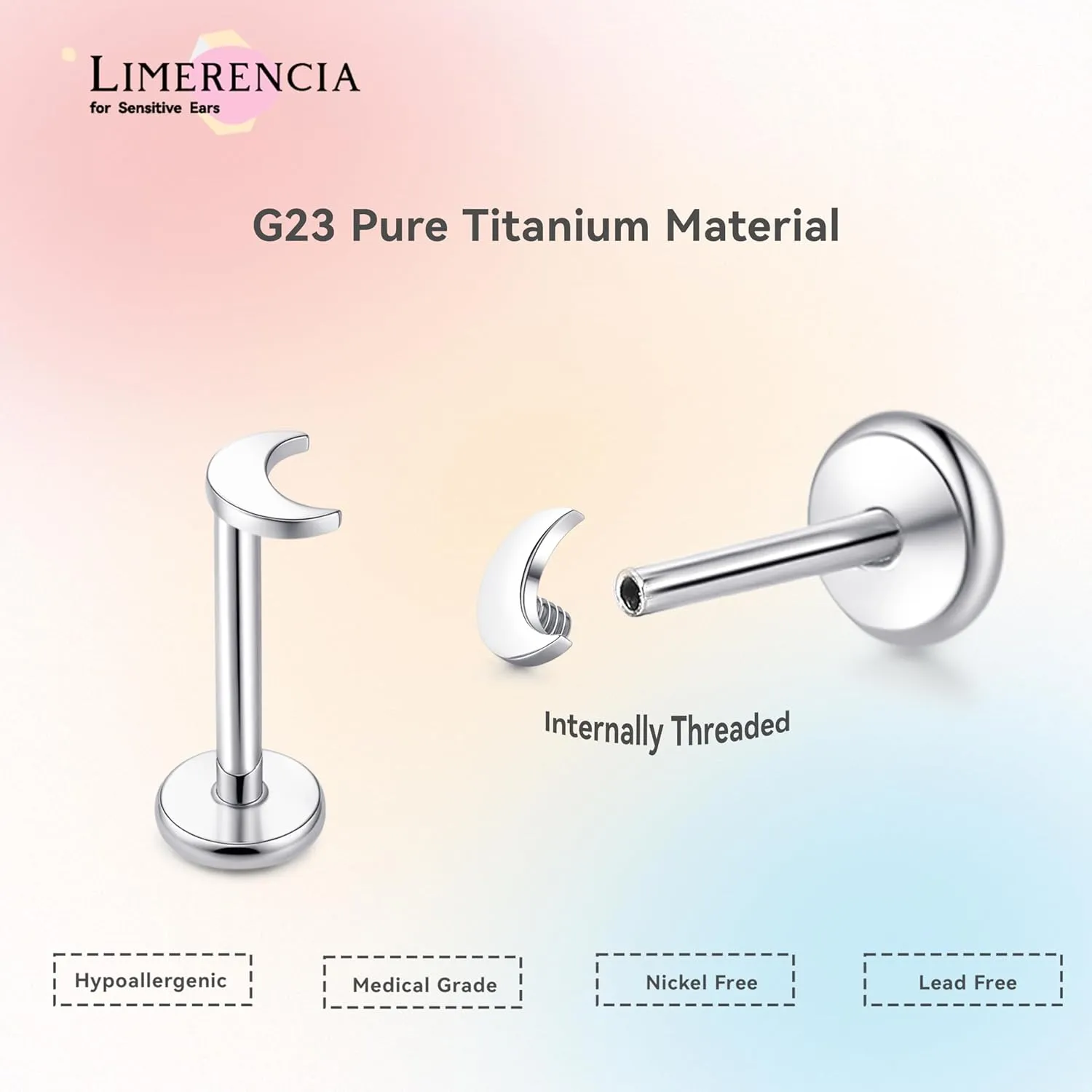 limerencia 18G Pure Titanium Body Piercing Jewelry, G23 Hypoallergenic Flat Back Internally Threaded Tragus Helix Cartilage Conch Medusa Lip Labret Piercing Stud Earrings for Women Men