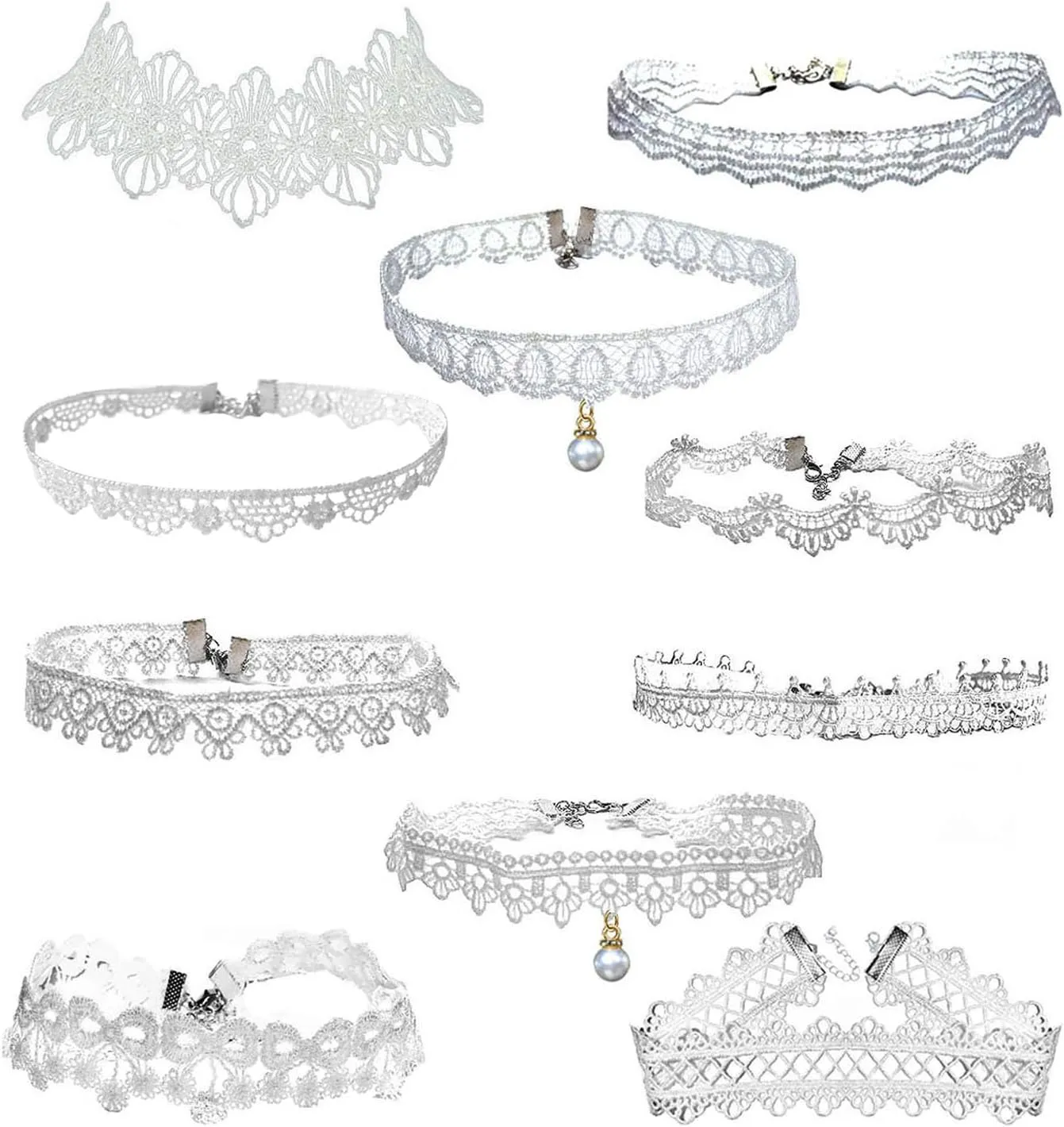 LINKY 10pcs White Lace Choker Necklace Women Jewelry Set (White)