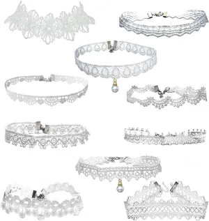 LINKY 10pcs White Lace Choker Necklace Women Jewelry Set (White)
