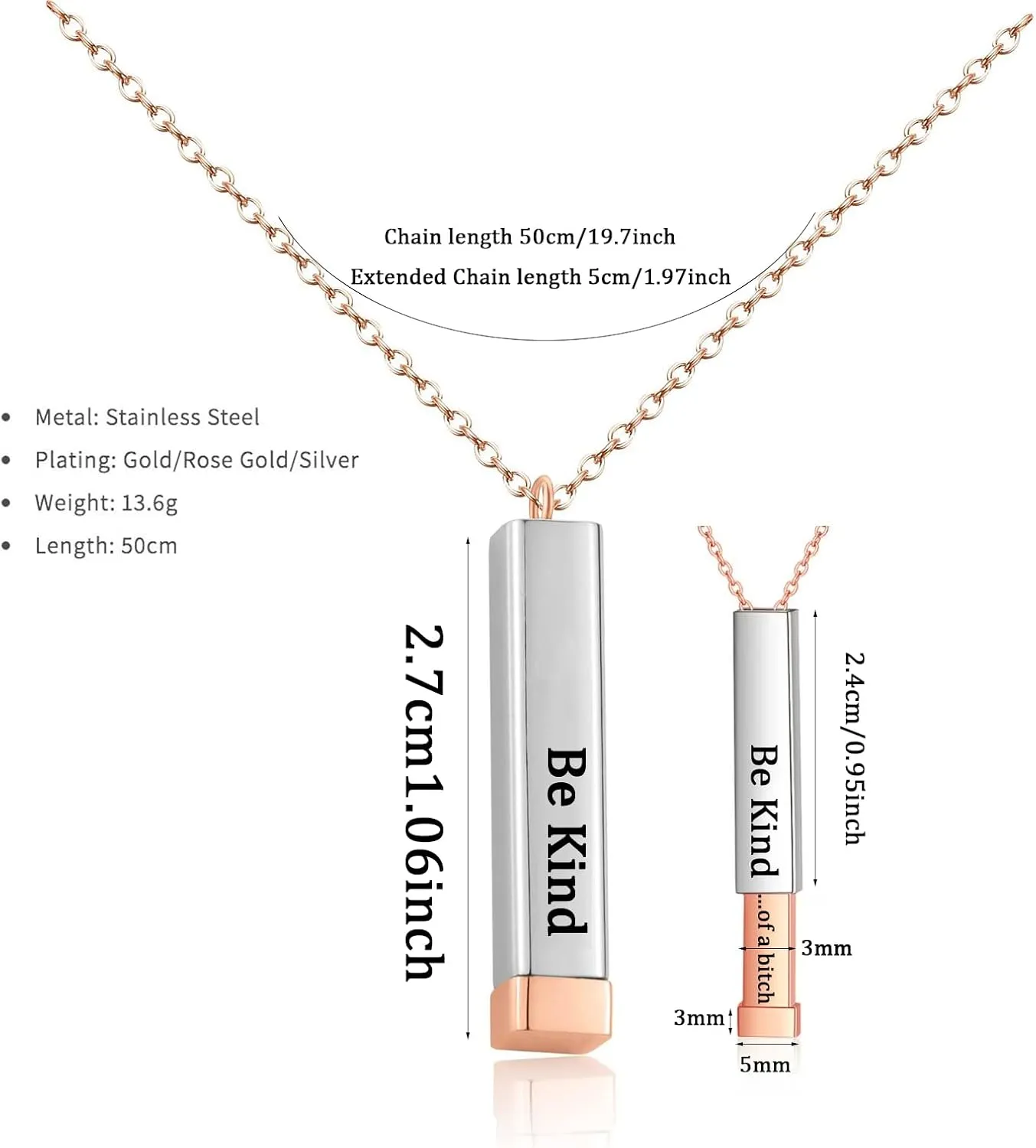 LIU JUN Be Kind Of A B Necklaces For Women, To Best Friends Sorority Sisters Inspirational Square Tubes Pendant With Hidden Message Stainless Steel Band Friendship Gift Jewelry