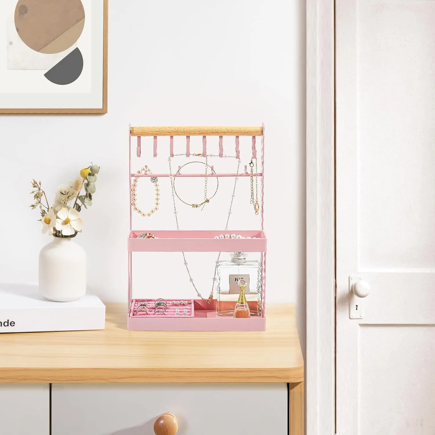 Lolalet 4-Tier Jewelry Organizer, Cute Necklace Holder Stand with 12 Hooks for Teen Girl Aesthetic Room Bedroom Decor -Pink