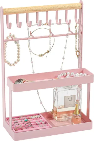 Lolalet 4-Tier Jewelry Organizer, Cute Necklace Holder Stand with 12 Hooks for Teen Girl Aesthetic Room Bedroom Decor -Pink