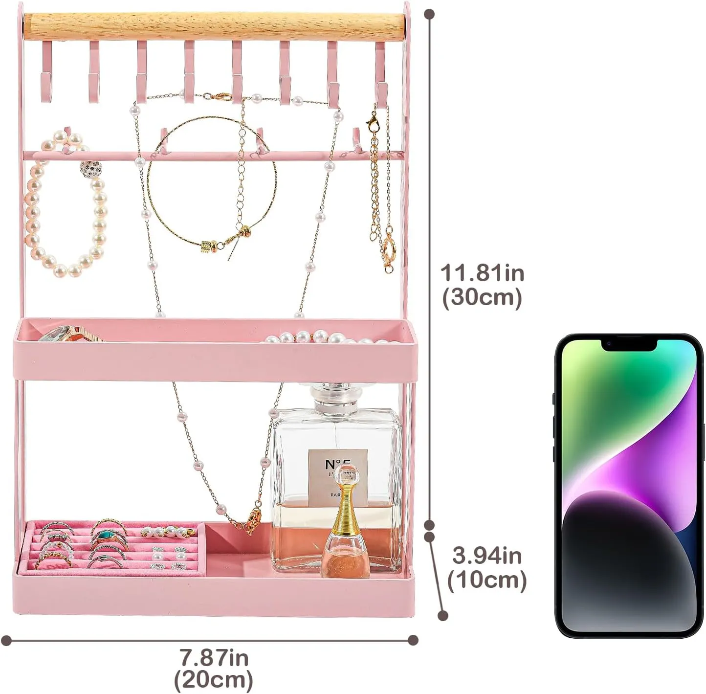Lolalet 4-Tier Jewelry Organizer, Cute Necklace Holder Stand with 12 Hooks for Teen Girl Aesthetic Room Bedroom Decor -Pink