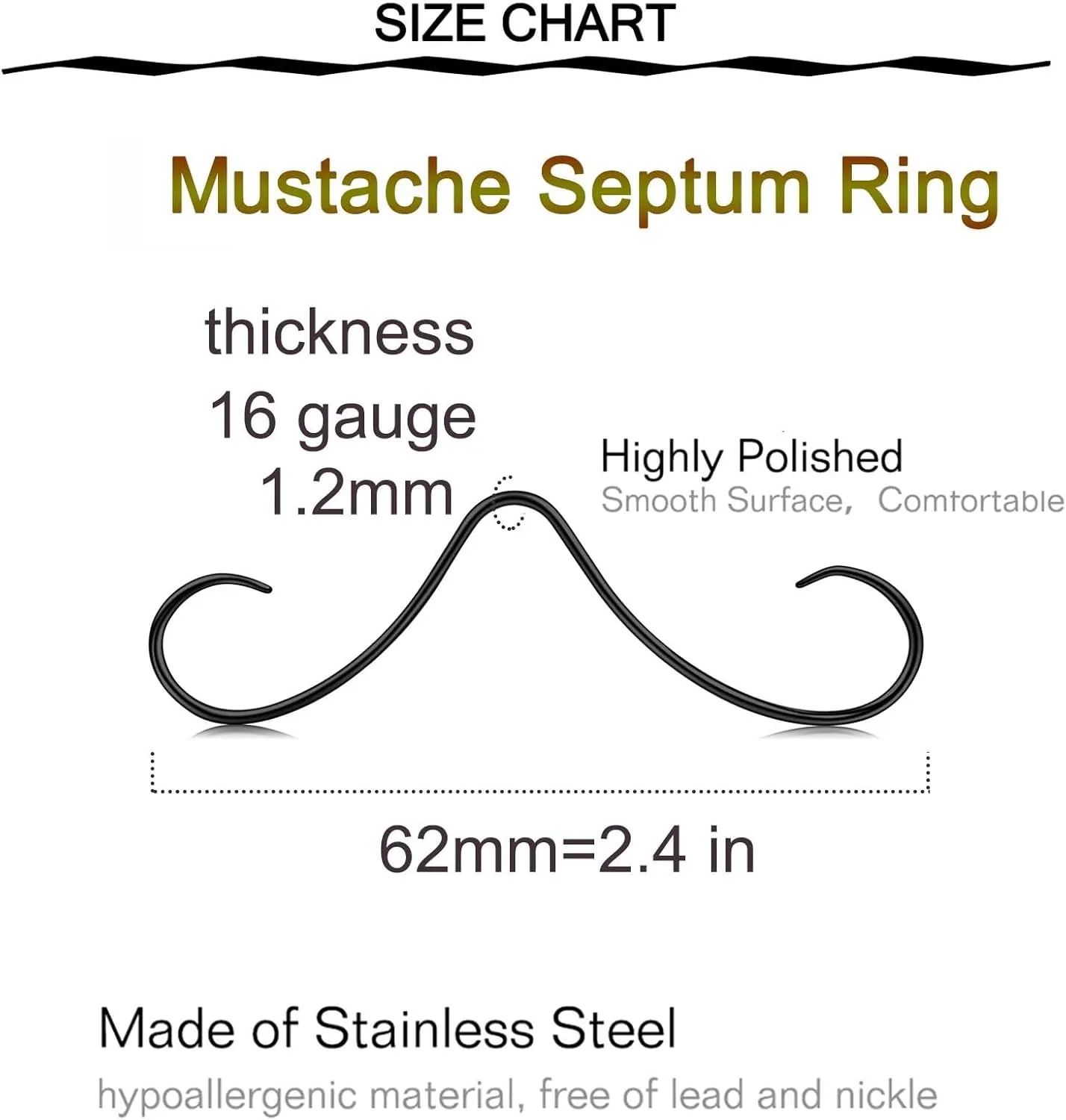 Longita Mustache Septum Ring Septum Rings Septum Jewelry Septum Rings 16g Septum Piercing Septum Pincher 16 Gauge Septum Nose Rings Mustache Nose Ring Septum Silver Gold Black