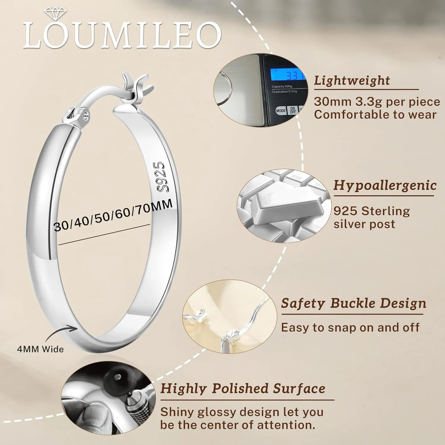 LOUMILEO 4mm Wide Large Silver Hoop Earrings Lightweight 925 Sterling Silver Hoop Earrings for Women Hypoallergenic Big Thin Hoops Earring for Women 30/40/50/60/70MM