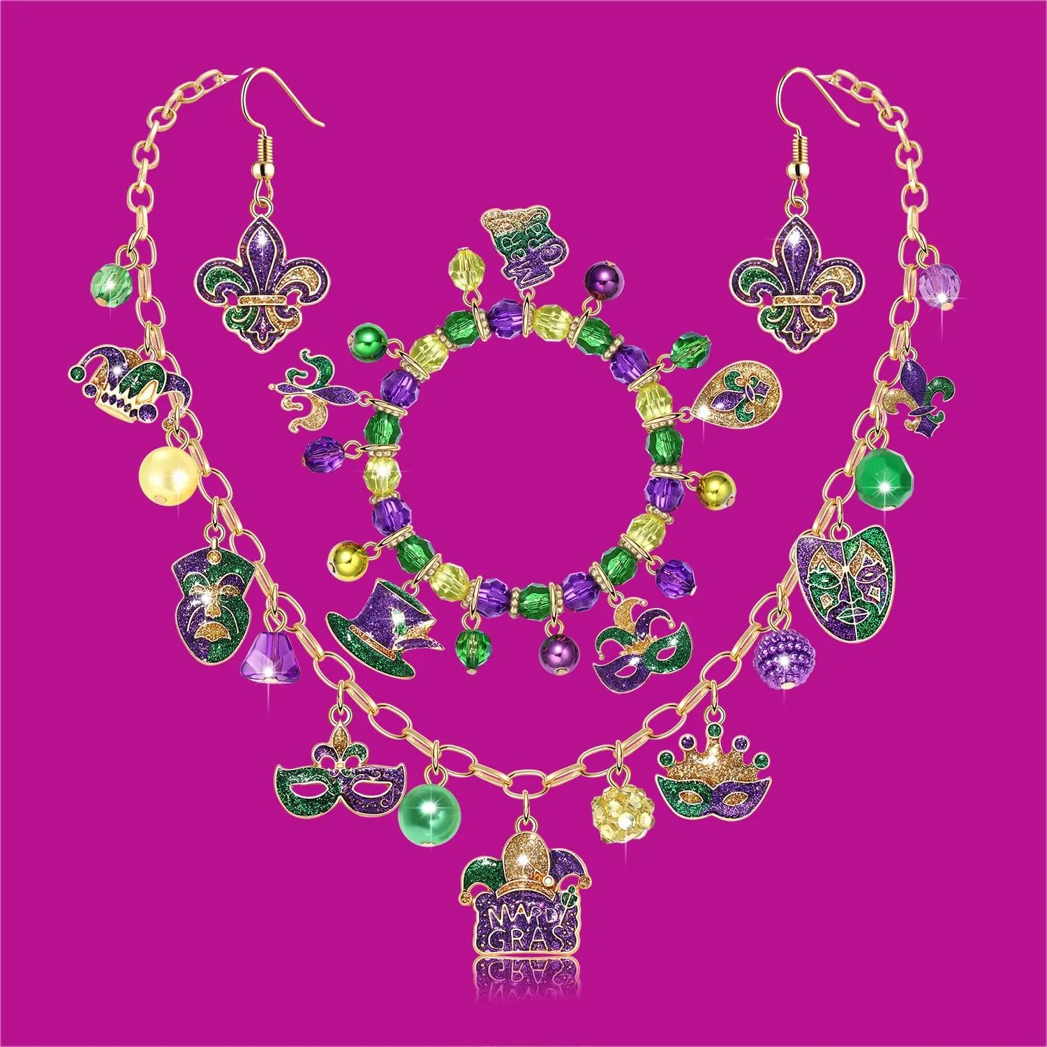 Mardi Gras Necklace Earrings Bracelet Fleur De Lis Crown Mask Charms Necklace Stretch MARDI GRAS Purple Green Gold Beaded Bracelet Fleur De Lis Dangle Earrings Carnival Parade Party Jewelry Set