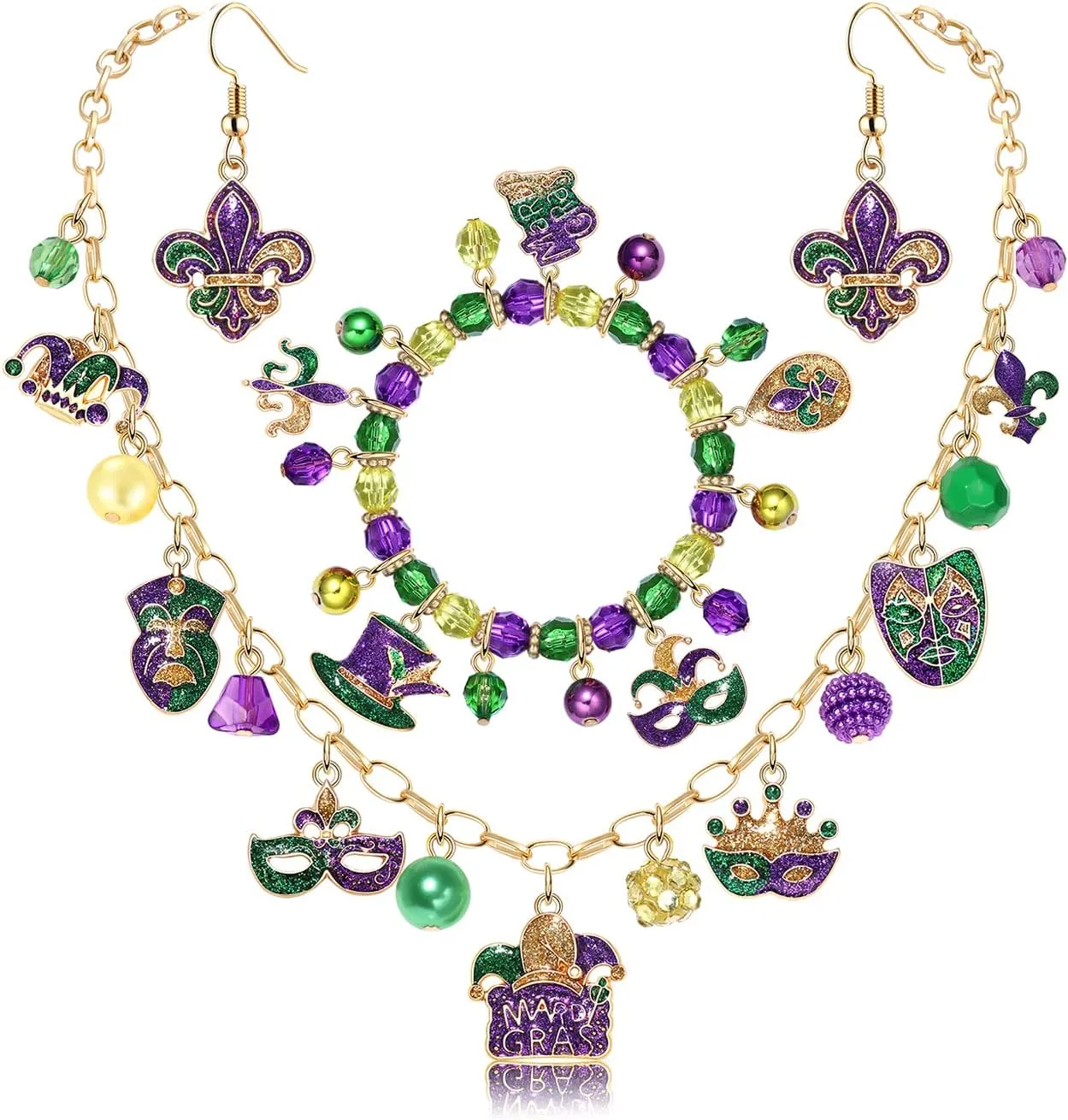 Mardi Gras Necklace Earrings Bracelet Fleur De Lis Crown Mask Charms Necklace Stretch MARDI GRAS Purple Green Gold Beaded Bracelet Fleur De Lis Dangle Earrings Carnival Parade Party Jewelry Set