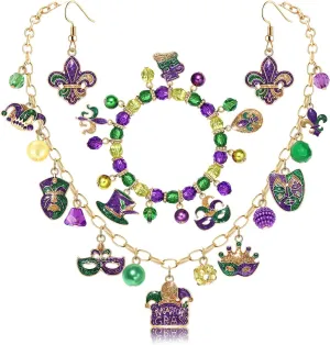 Mardi Gras Necklace Earrings Bracelet Fleur De Lis Crown Mask Charms Necklace Stretch MARDI GRAS Purple Green Gold Beaded Bracelet Fleur De Lis Dangle Earrings Carnival Parade Party Jewelry Set