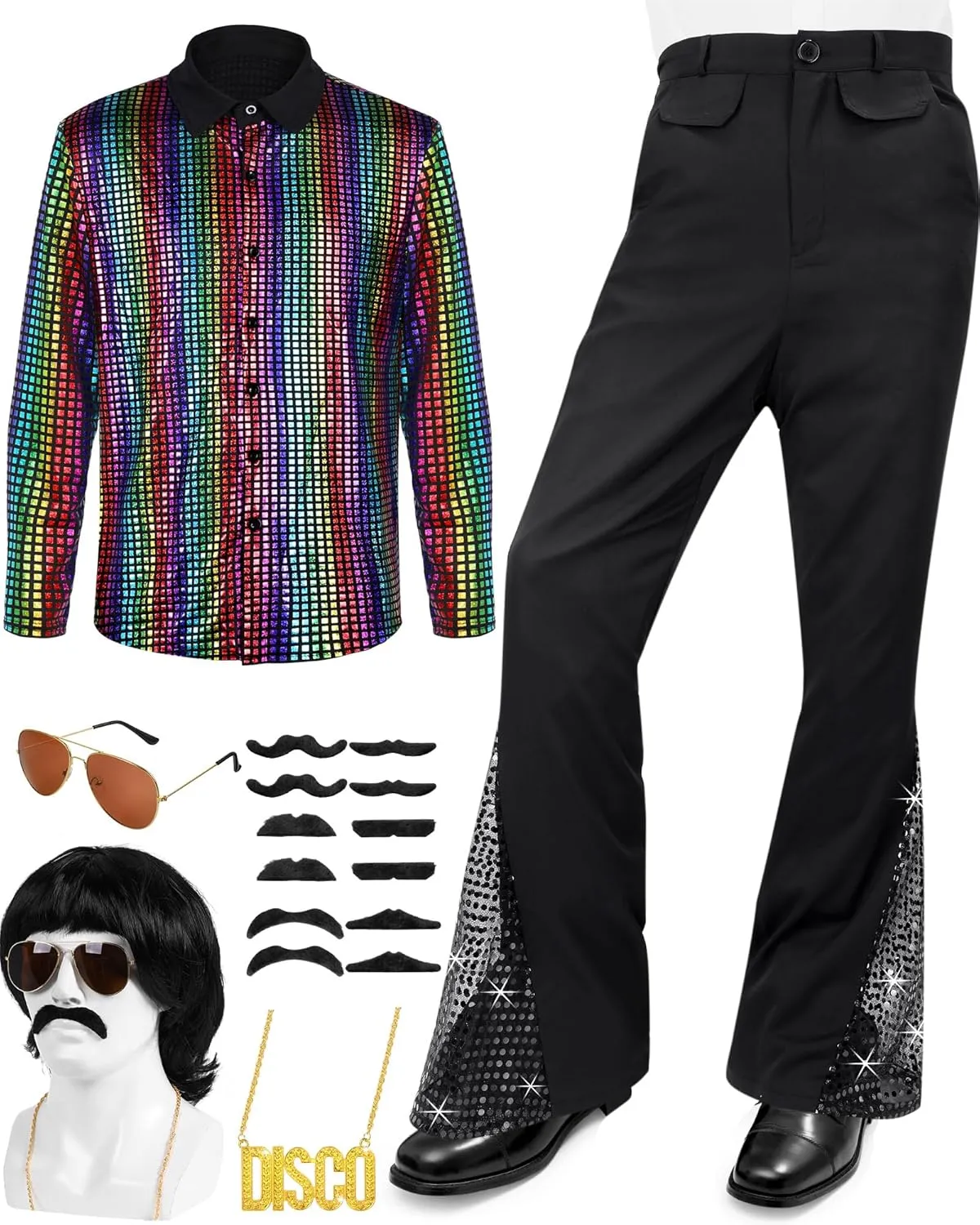 Mepase 70s Kids Disco Outfit Costume Boys Bell Bottom Pants Shirts Wigs Necklace Mustache Disco Party