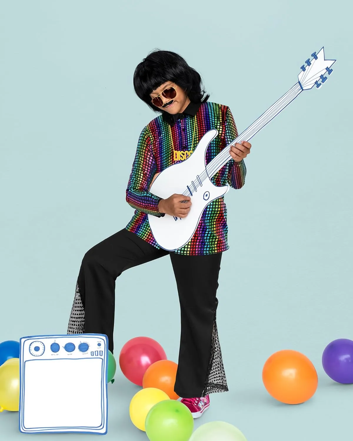 Mepase 70s Kids Disco Outfit Costume Boys Bell Bottom Pants Shirts Wigs Necklace Mustache Disco Party