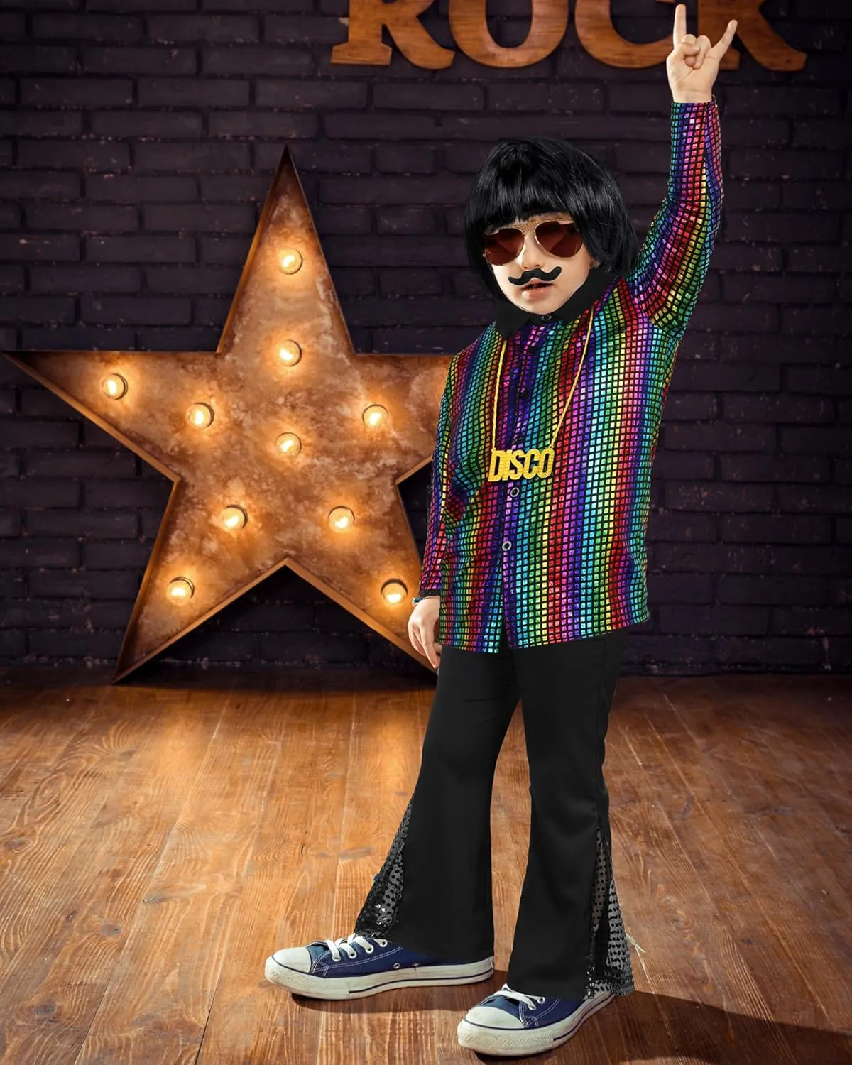 Mepase 70s Kids Disco Outfit Costume Boys Bell Bottom Pants Shirts Wigs Necklace Mustache Disco Party