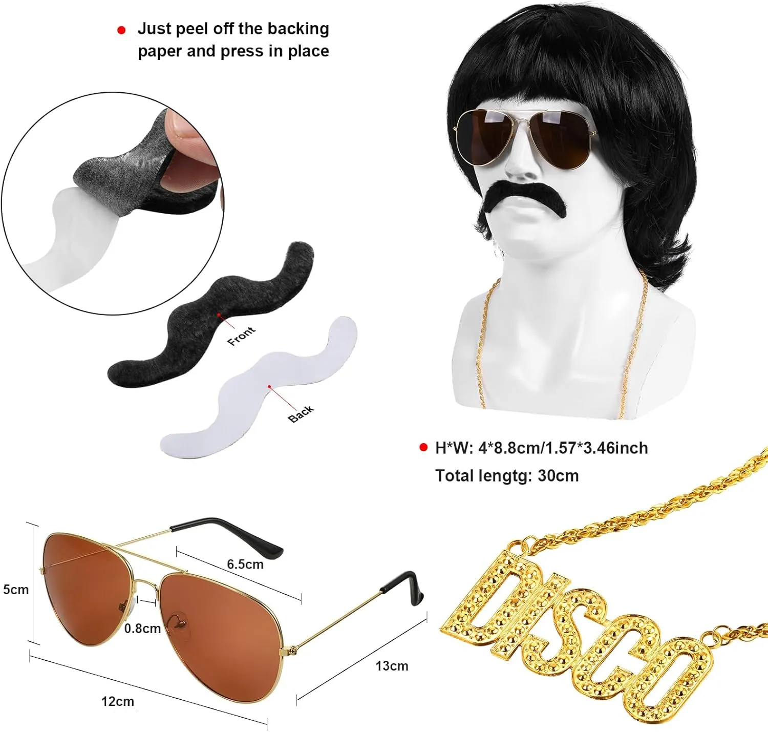 Mepase 70s Kids Disco Outfit Costume Boys Bell Bottom Pants Shirts Wigs Necklace Mustache Disco Party