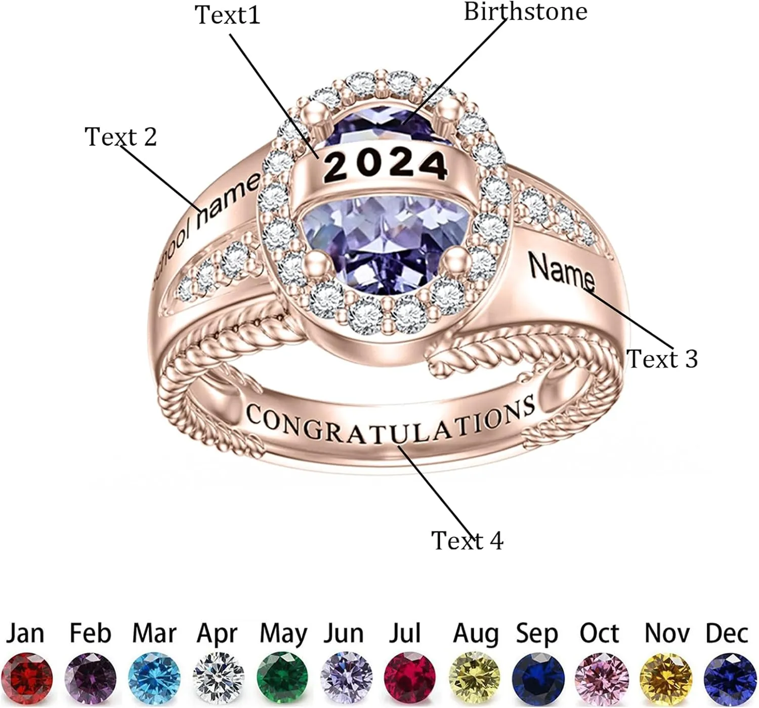 Midari Customizable Women's Class Ring for High School and University Grads, 925 Sterling Silver/10k/14k/18K, Birthstone Personalized Class Ring Graduation Gift for Women Girl Her