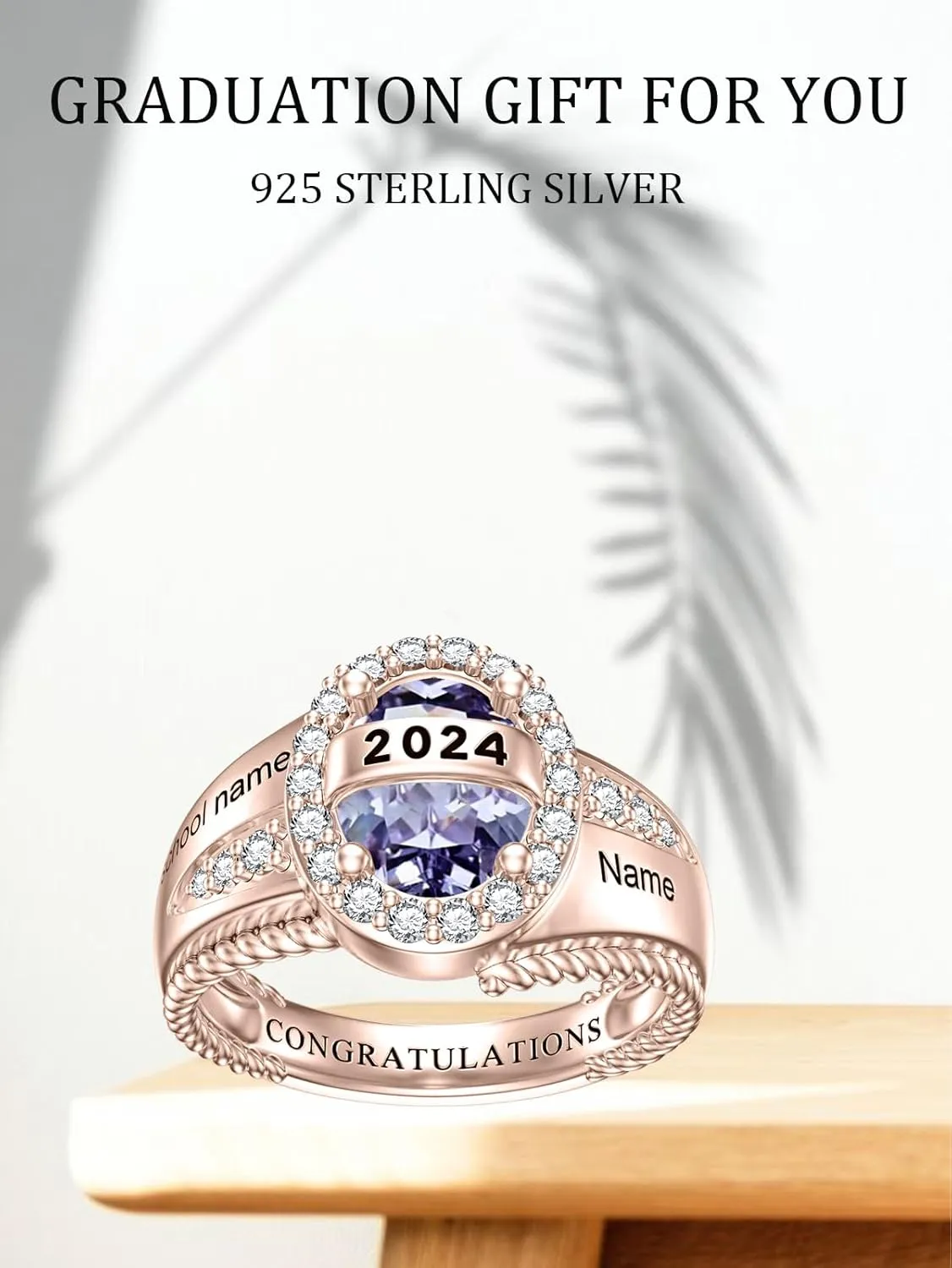 Midari Customizable Women's Class Ring for High School and University Grads, 925 Sterling Silver/10k/14k/18K, Birthstone Personalized Class Ring Graduation Gift for Women Girl Her