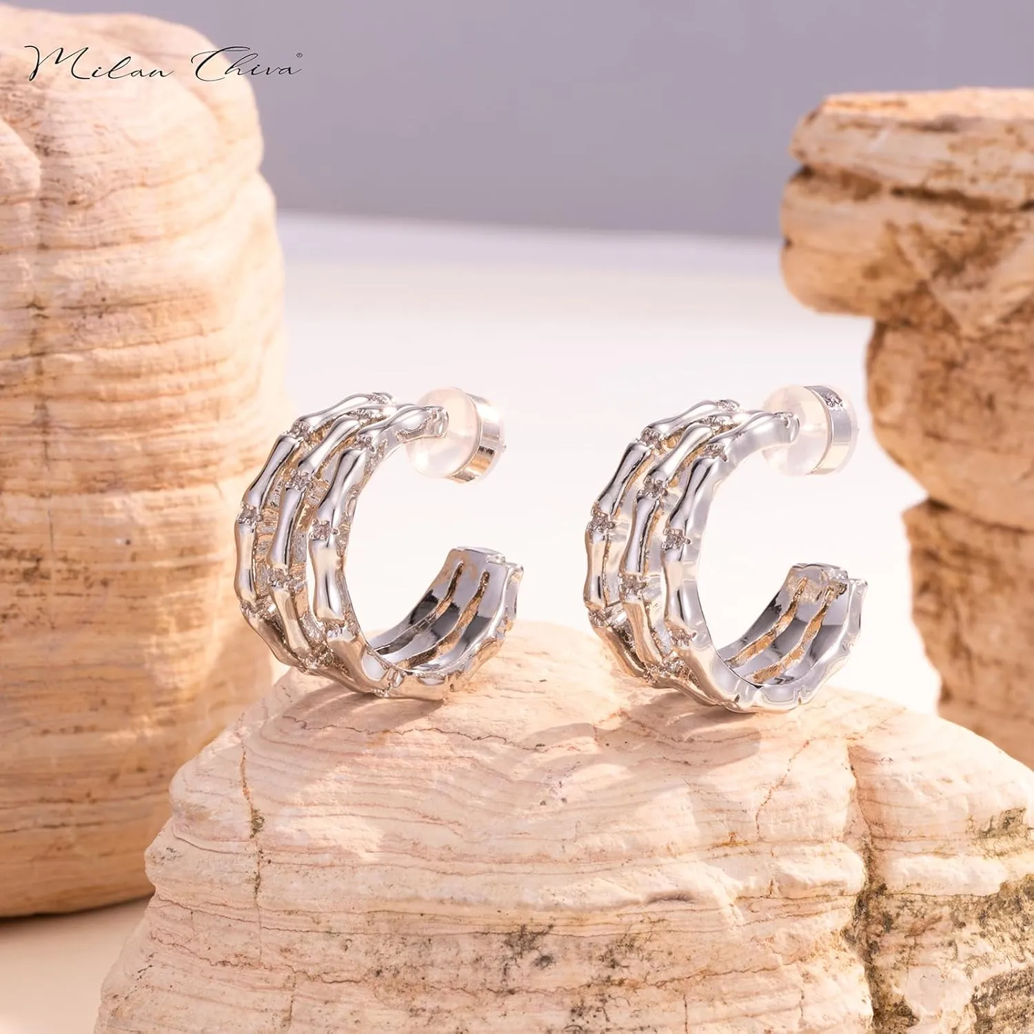 Milan Chiva 14K Gold Plated Post Twisted Huggie Hoops for Women Minimalist Open Earings Dome Jewelry