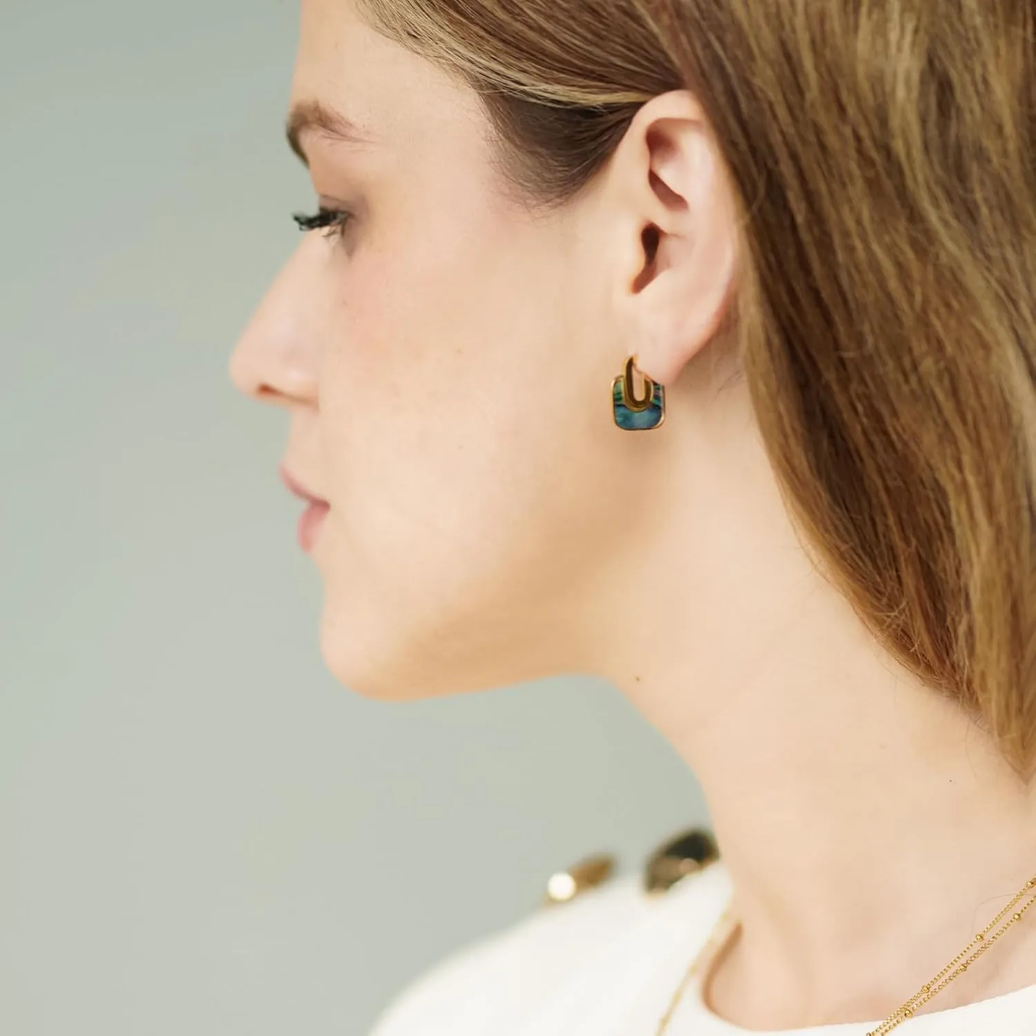 Milan Chiva 14K Gold Statement Stud Earrings for Women, Geometric Abalone Shell Earrings, Dainty Hypoallergenic Hoop Earrings Jewelry