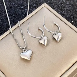 Mnyixsi 925 Sterling Silver Love Heart Pendant Necklace & Earrings Set for Women - Puffy Heart Beaded Jewelry