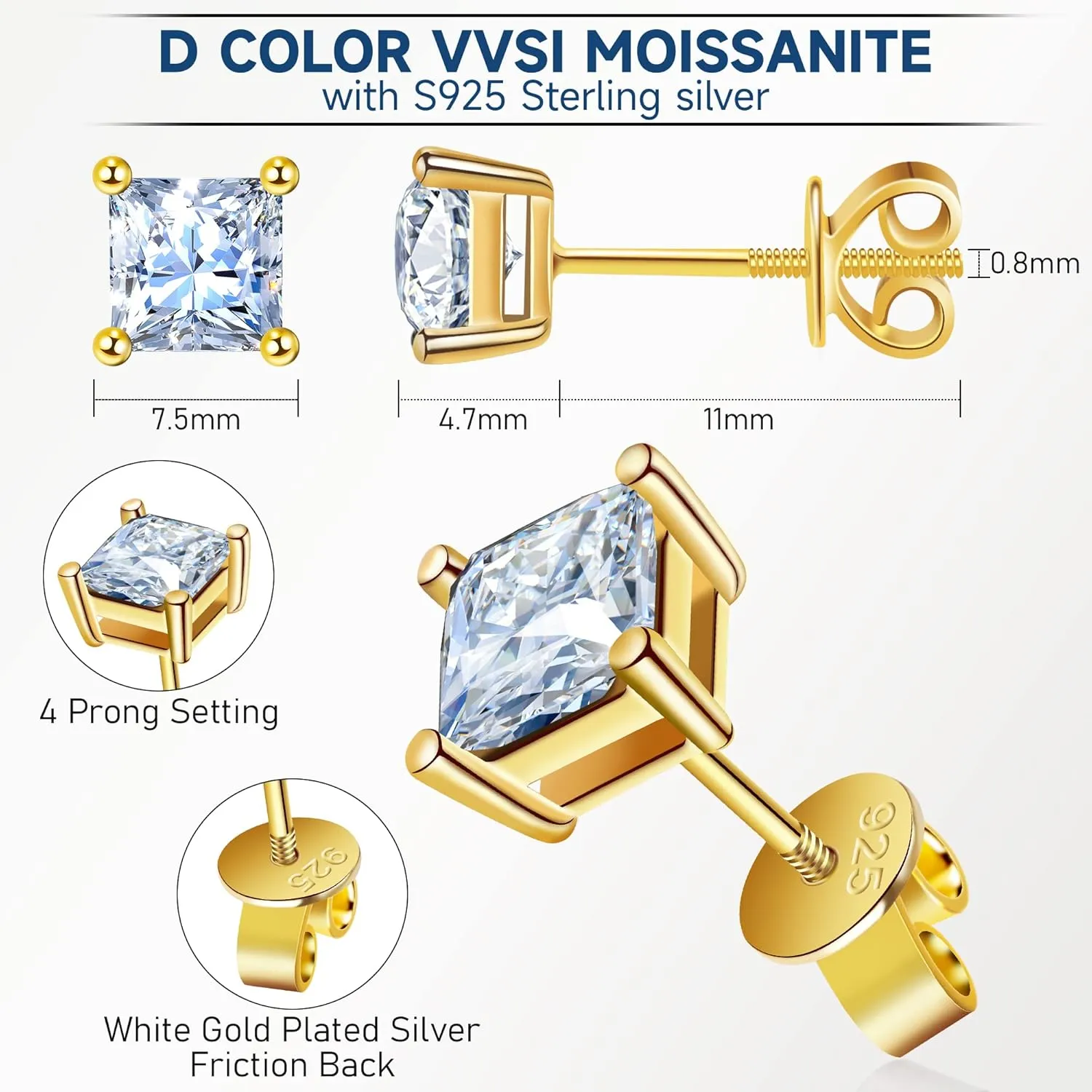Moissanite Earrings for Men Women, 1~3ct D Color VVS1 Clarity Brilliant Round Princess Cut Lab Created Diamond Stud Earrings 18K Gold Plated S925 Sterling Silver Safety Screw back