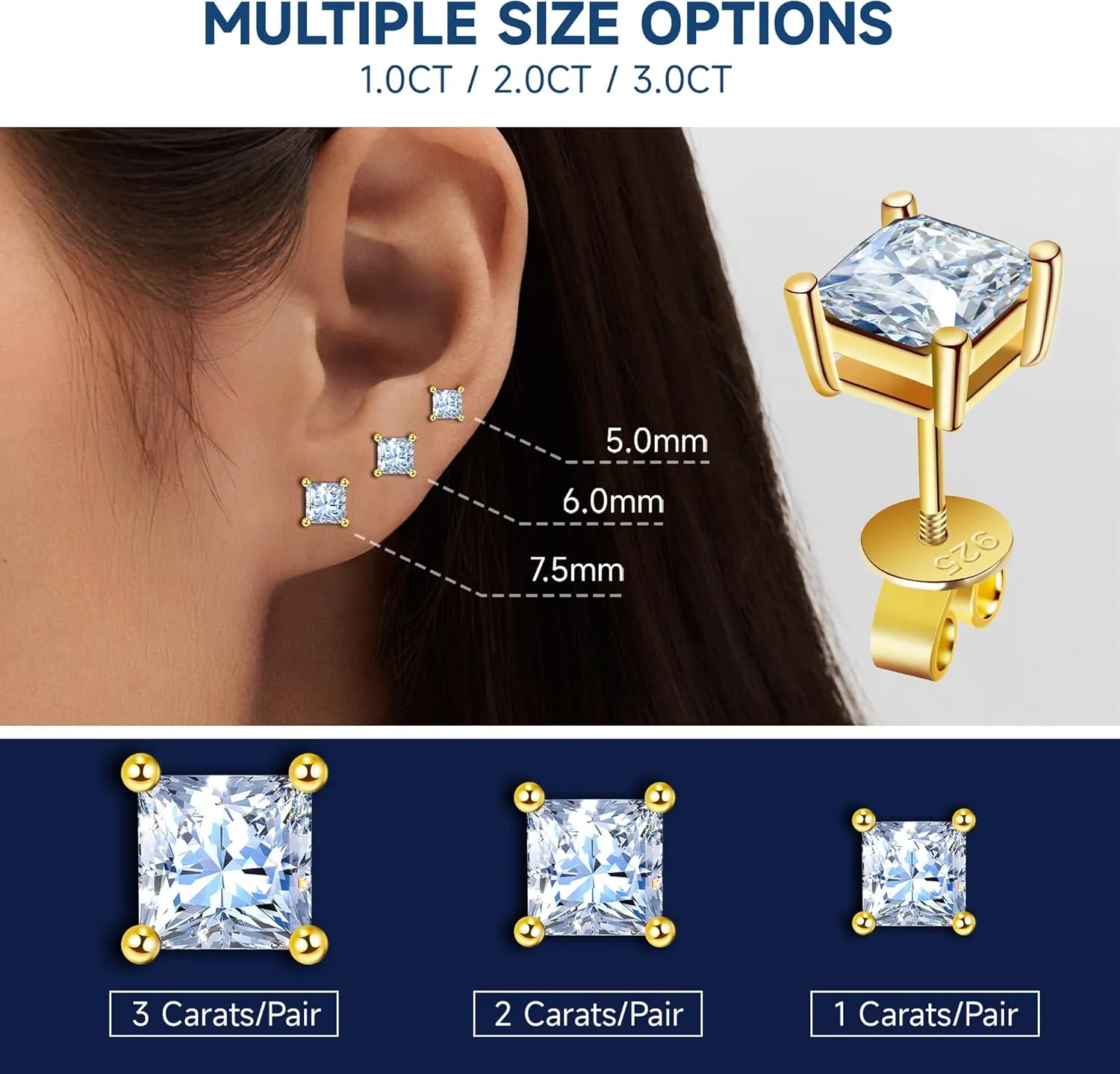 Moissanite Earrings for Men Women, 1~3ct D Color VVS1 Clarity Brilliant Round Princess Cut Lab Created Diamond Stud Earrings 18K Gold Plated S925 Sterling Silver Safety Screw back