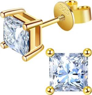 Moissanite Earrings for Men Women, 1~3ct D Color VVS1 Clarity Brilliant Round Princess Cut Lab Created Diamond Stud Earrings 18K Gold Plated S925 Sterling Silver Safety Screw back