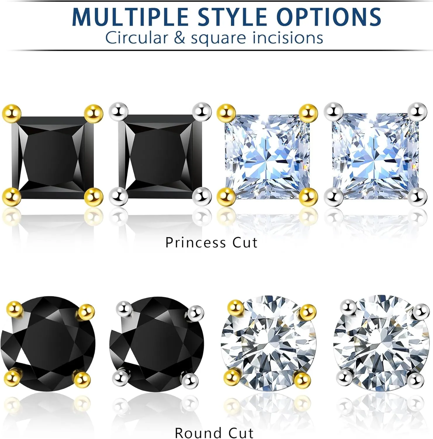 Moissanite Earrings for Men Women, 1~3ct D Color VVS1 Clarity Brilliant Round Princess Cut Lab Created Diamond Stud Earrings 18K Gold Plated S925 Sterling Silver Safety Screw back