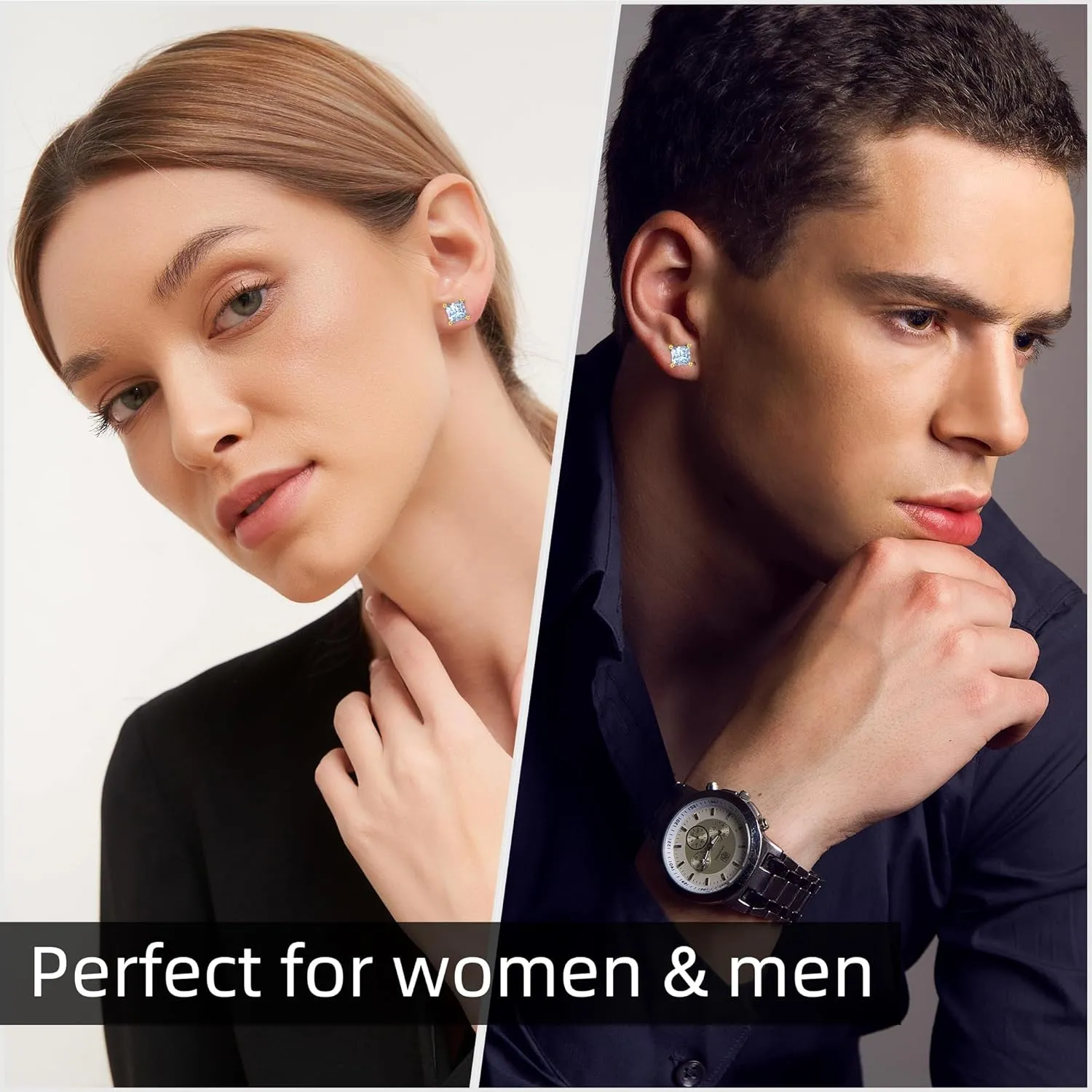 Moissanite Earrings for Men Women, 1~3ct D Color VVS1 Clarity Brilliant Round Princess Cut Lab Created Diamond Stud Earrings 18K Gold Plated S925 Sterling Silver Safety Screw back