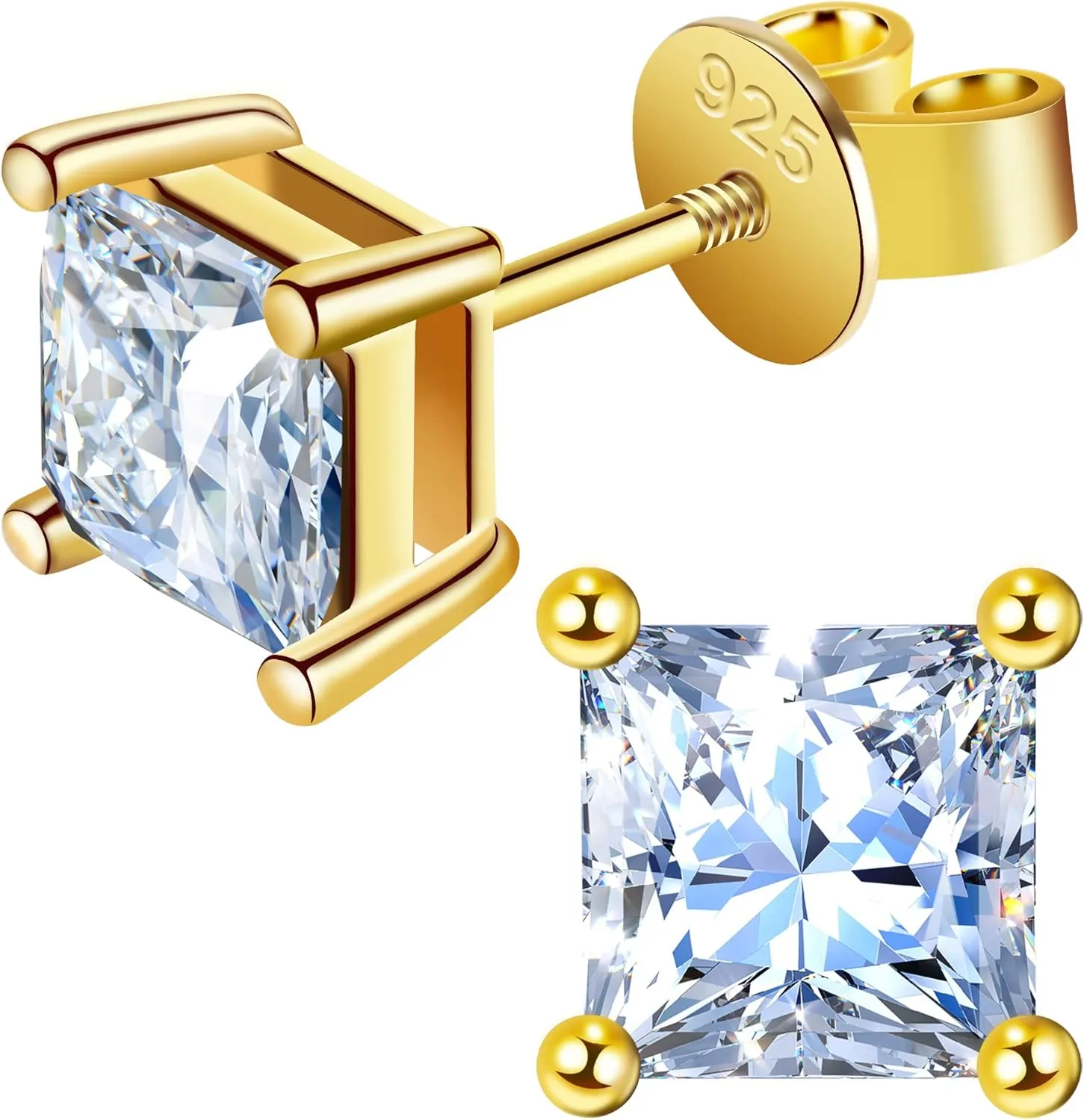 Moissanite Earrings for Men Women, 1~3ct D Color VVS1 Clarity Brilliant Round Princess Cut Lab Created Diamond Stud Earrings 18K Gold Plated S925 Sterling Silver Safety Screw back