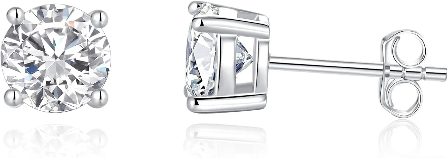 Moissanite Stud Earrings,D Color VVS1 Round Simulated Diamond,14K White/Yellow Gold Plated Silver,4 Prong Earrings Jewelry Gift for Women Men (0.6-6Cttw,Round 4-9mm)