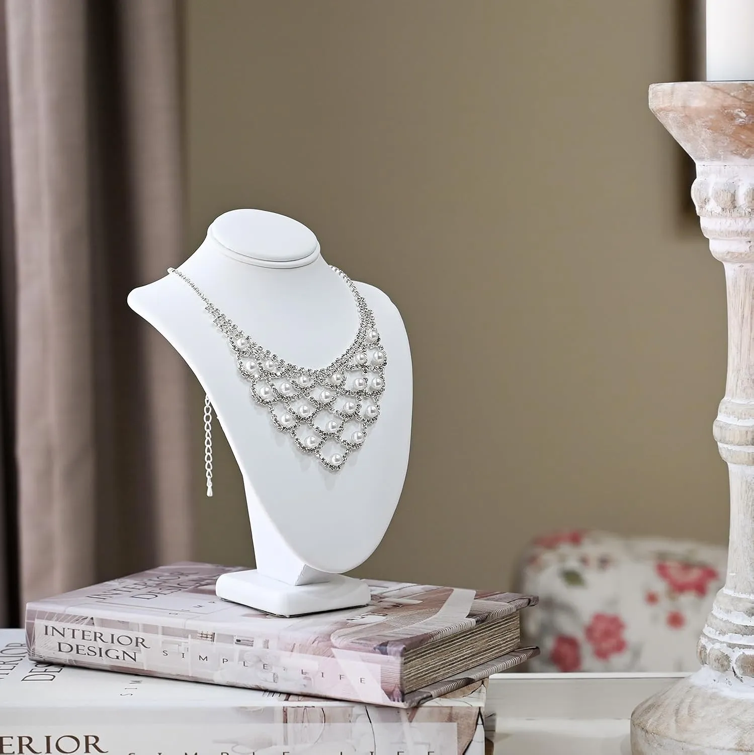 MOOCA 2 Pcs Small Necklace Chain Jewelry Bust Display Holder Stand, Necklaces Display Mannequin, Jewelry Bust Stand 7 1/4 in H, White Leatherette